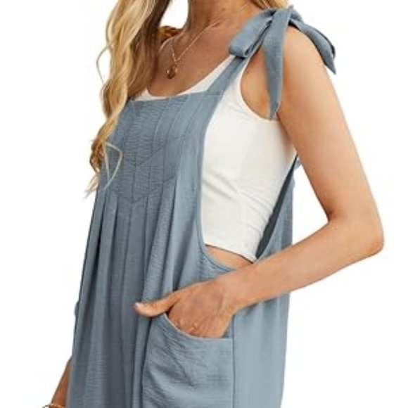 Pleated Tie Shoulder Bib Overalls - Picture 2 of 5